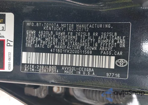 2012 Toyota Camry Hybrid Xle из США, поврежденный, VIN 4T1BD1FK2CU011568